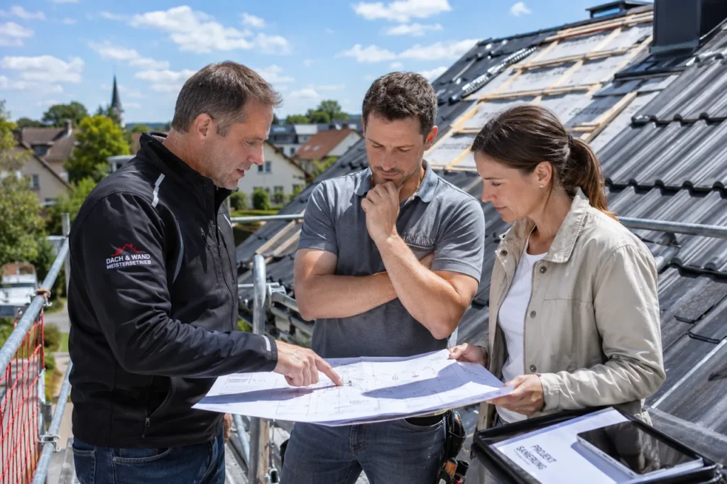 Ein Dachdeckermeister bespricht auf einem eingeruesteten Dach mit einem Kollegen und einer Kundin anhand eines Bauplans die Sanierungsplanung, um die Auftragslage aktiv zu steuern.