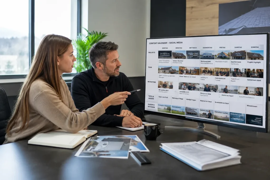 Eine Frau und ein Mann sitzen im Buero vor einem grossen Monitor und planen an einem Social-Media-Content-Kalender mit Dachprojekt-, Team- und Recruiting-Beitraegen fuer den Dachdeckerbetrieb.