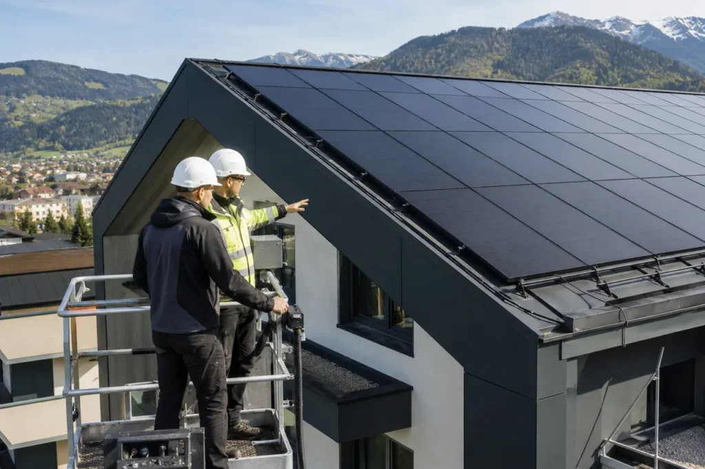 Zwei Dachdecker mit Schutzhelmen stehen auf einer Hebebuehne und begutachten die regelkonform ausgefuehrte Photovoltaik-Deckung eines modernen Steildachs vor Bergkulisse.
