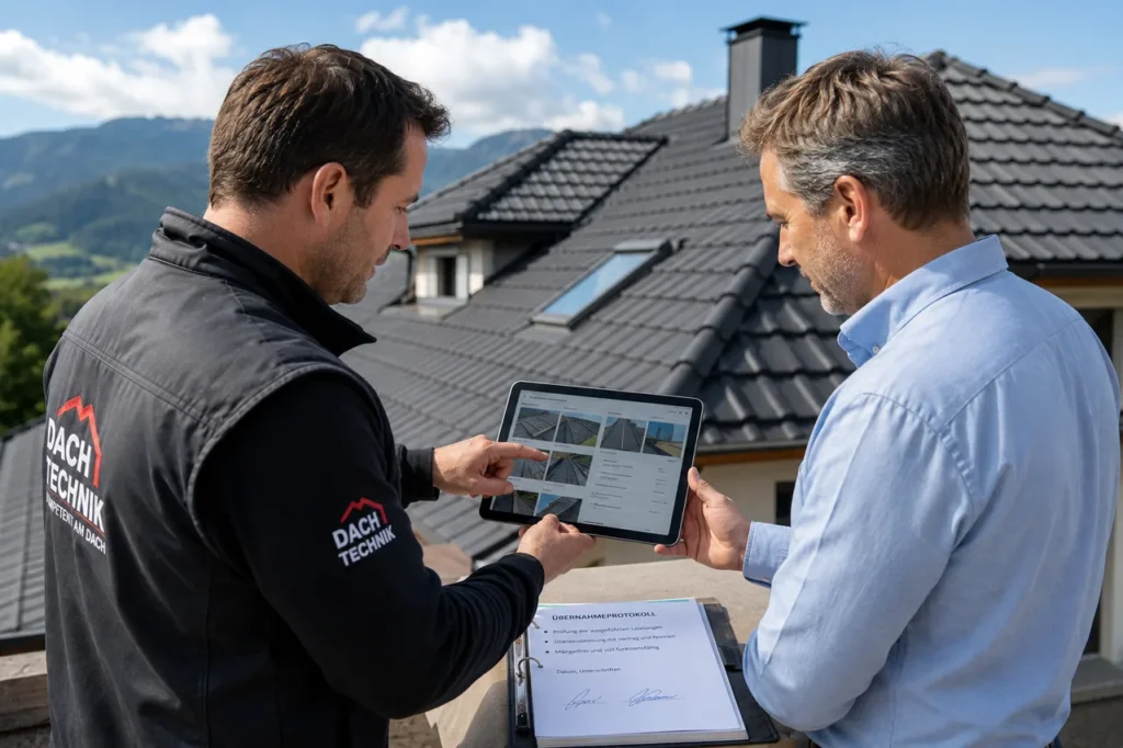 Ein Dachdecker im Firmenoutfit zeigt einem Kunden auf einem Tablet die Fotodokumentation, waehrend vor ihnen ein ausgefuelltes Uebernahmeprotokoll gemaess Regelwerk auf einem Klemmbrett liegt.