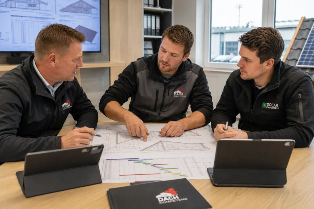 Drei Handwerker sitzen an einem Buerotisch, deuten auf einen Dach-Bauplan mit Ablaufdiagramm und planen mit Tablets das gemeinsame Projekt in enger Kooperation.