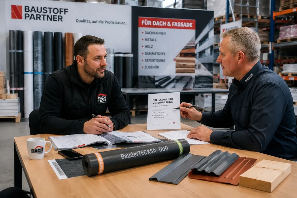 Zwei Handwerker sitzen im Baustofflager an einem Tisch mit aufgeschlagenen Katalogen, einer Bitumen-Rolle und Dachprofil-Mustern und besprechen ein aufgestelltes Dokument mit der Ueberschrift Preisgarantie-Vereinbarung.
