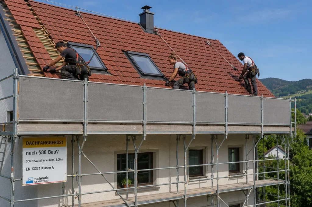 Drei mit Auffanggurten gesicherte Dachdecker verlegen rote Dachziegel auf einem Steildach, das entlang der Traufe durch ein Dachfanggeruest als Absturzsicherung geschuetzt ist.