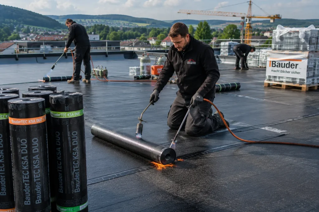 Dachdecker kniet auf einem Flachdach und verschweisst mit dem Gasbrenner eine Rolle Bitumen-Dachbahn, daneben gestapelte Rollen, im Hintergrund weitere Arbeiter und ein Baukran.