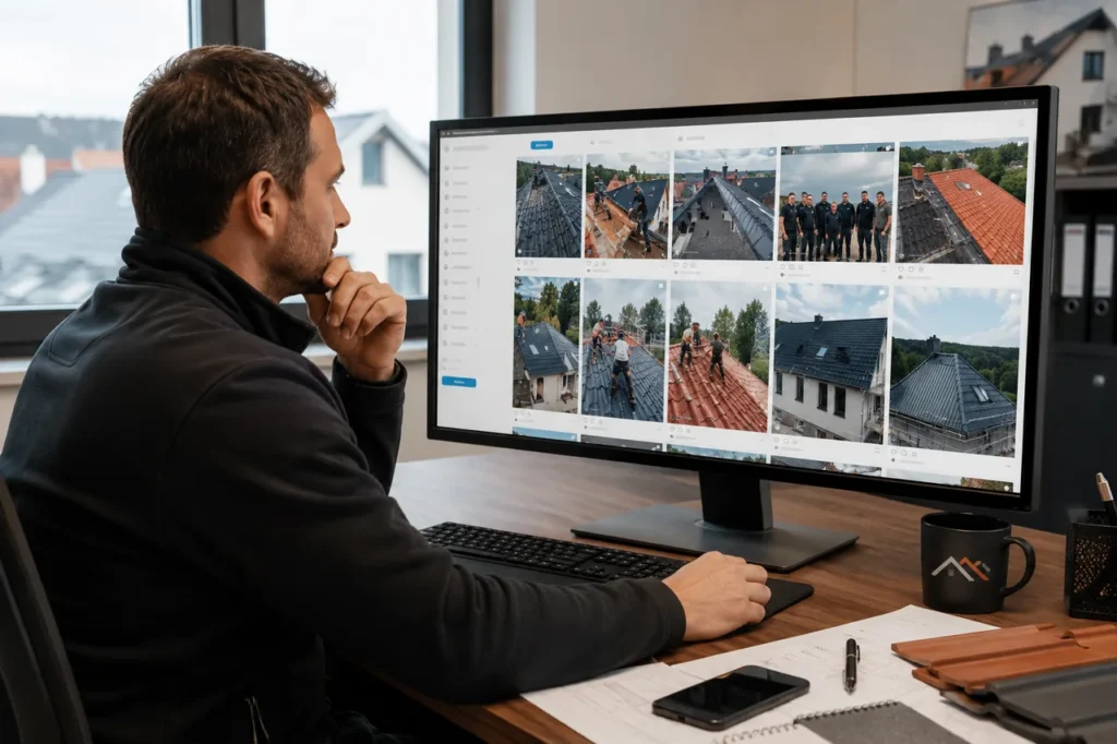 Ein Dachdecker sitzt im Buero am breiten Monitor und verwaltet die Social-Media-Praesenz seines Betriebs, auf dem Bildschirm eine Galerie mit Dachbaustellen- und Teamfotos.