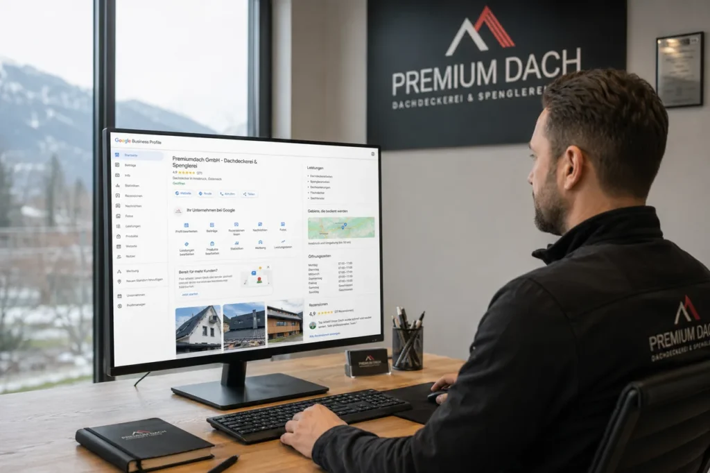 Dachdecker sitzt am Schreibtisch vor einem Monitor und pflegt das Google-Unternehmensprofil seines Betriebs mit Leistungen, Oeffnungszeiten und Rezensionen, im Hintergrund das Firmenlogo an der Wand.