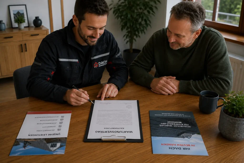Ein Dachdecker in Arbeitsjacke unterschreibt am Esstisch eines Kunden einen Wartungsvertrag, mit dem sich Betriebe planbare Auftraege sichern und Auftragsflauten ueberbruecken koennen.