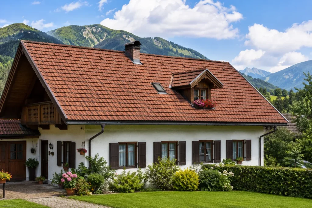 Landhaus mit frisch instand gesetztem rotem Ziegeldach und kleiner blumengeschmückter Gaube vor einer Bergkulisse.