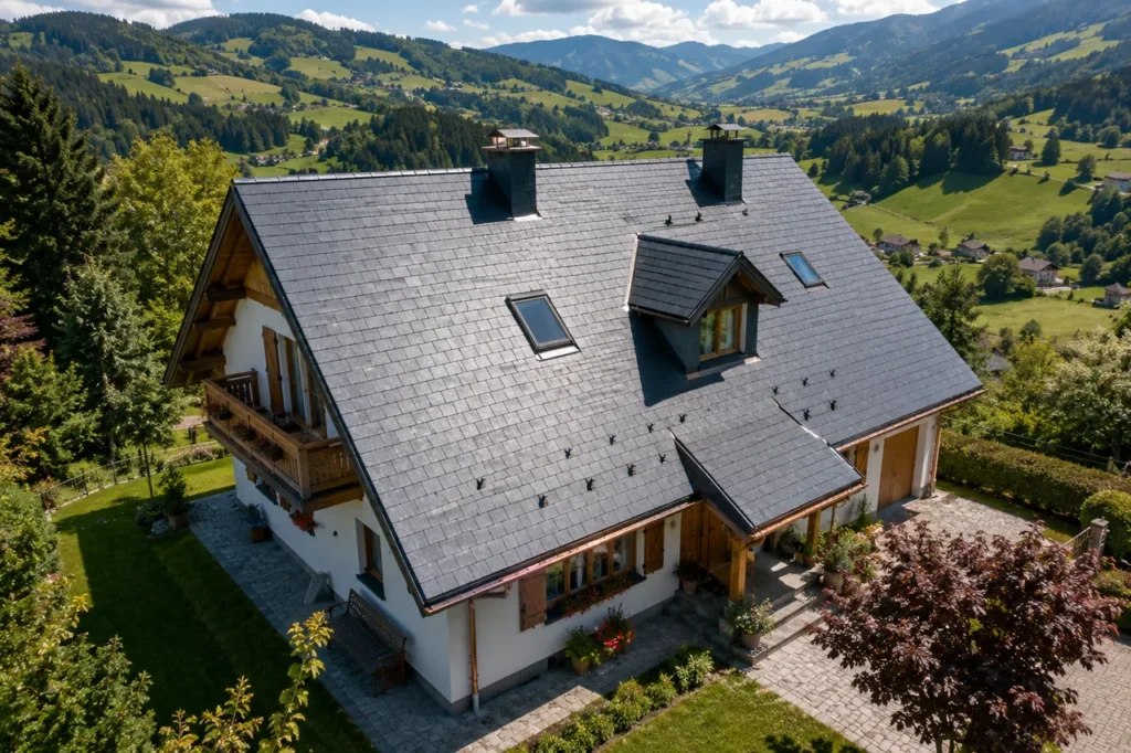 Drohnenansicht eines alpinen Wohnhauses mit großflächigem Schieferdach, Gaube und Dachfenstern, das den einwandfreien Zustand der Deckung nach der Sanierung zeigt.