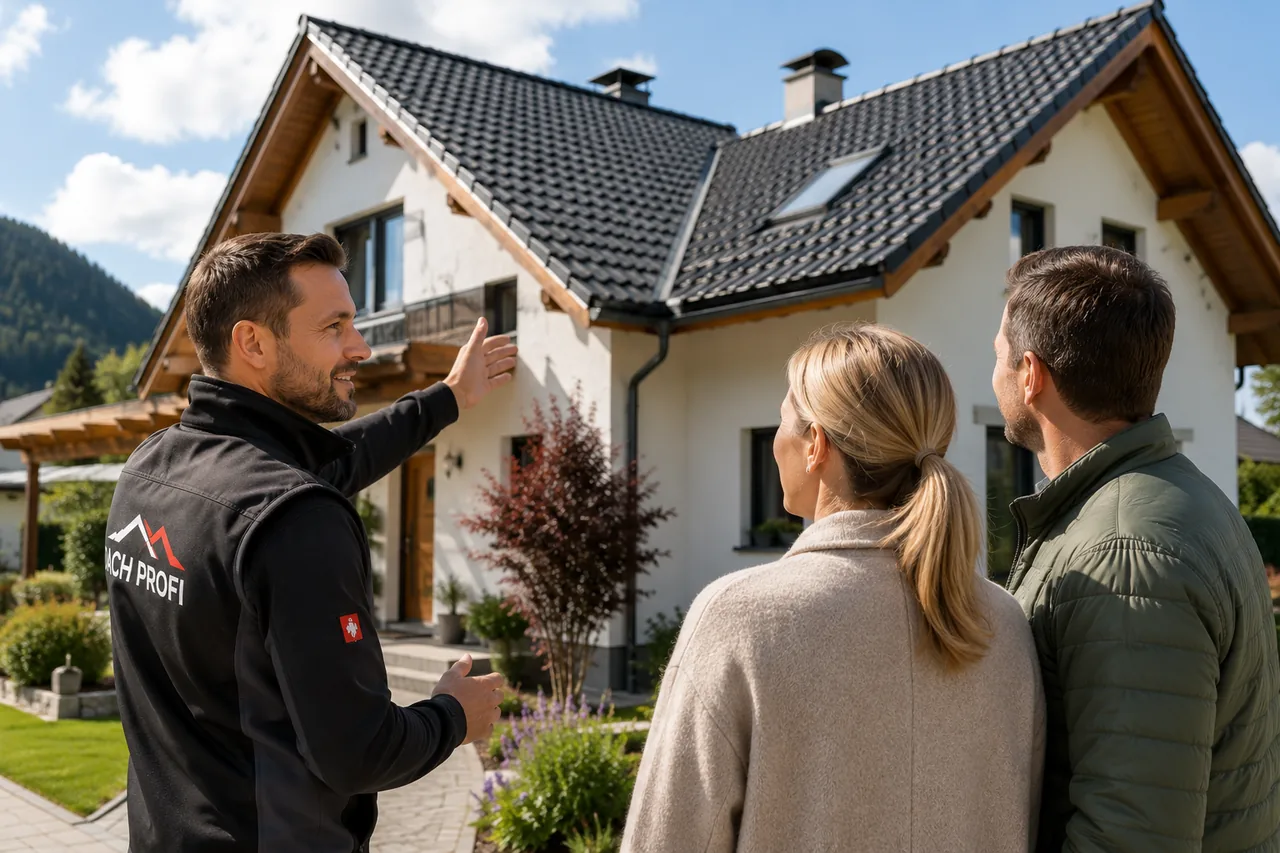 Ein Dachdecker in Arbeitskleidung zeigt einem Paar das fertig sanierte Haus mit dunklem Ziegeldach – ein gutes Zeichen bei der Suche nach einem seriösen Dachdecker.