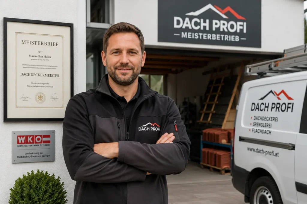 Ein Dachdeckermeister steht mit verschränkten Armen vor seinem Betrieb neben gerahmtem Meisterbrief und Firmenfahrzeug – ein wichtiges Kriterium bei der Suche nach einem seriösen Dachdecker.