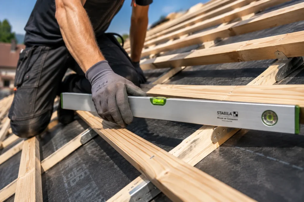 Dachdecker richtet kniend auf der neuen Dachlattung mit einer Wasserwaage die Unterkonstruktion aus und bereitet das Dach vor der Montage der Solaranlage vor.