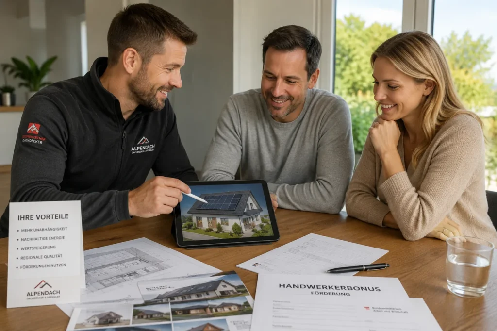 Dachdecker zeigt einem interessierten Paar am Tisch auf einem Tablet die geplante Photovoltaikanlage und erläutert die richtige Reihenfolge von Dachsanierung und Solaranlage.