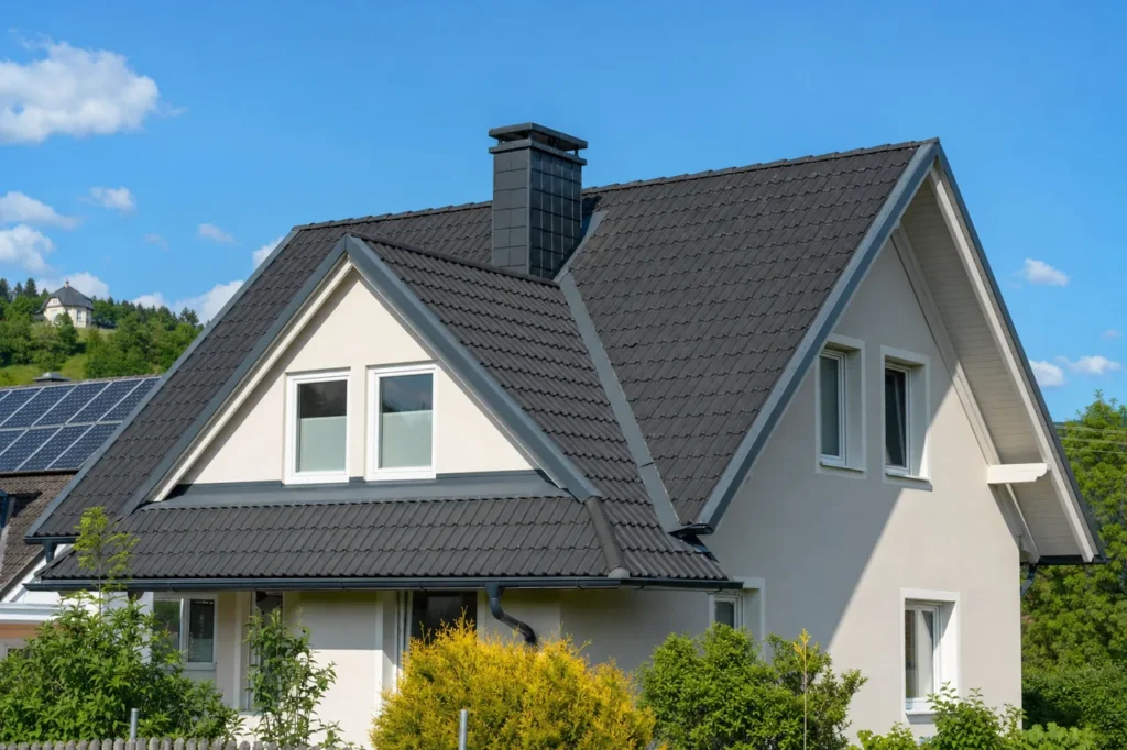 Einfamilienhaus mit frisch saniertem, dunkel eingedecktem Steildach, Giebelgaube und Schornstein unter blauem Himmel.
