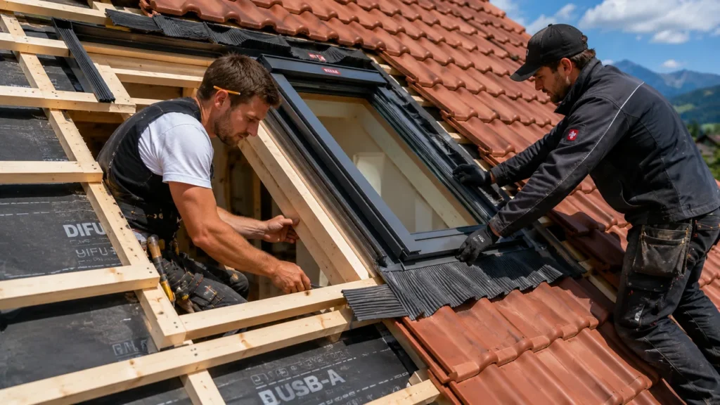 Ein Zimmermann und ein Dachdecker bauen gemeinsam ein Dachfenster in ein rotes Ziegeldach ein und veranschaulichen das Zusammenspiel beider Gewerke.