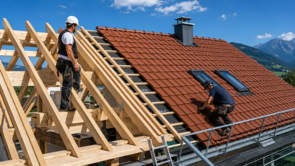 Ein Zimmerer mit Helm arbeitet am hölzernen Dachstuhl, während daneben ein Dachdecker rote Ziegel verlegt – ein Vergleich der Aufgaben von Zimmermann und Dachdecker.
