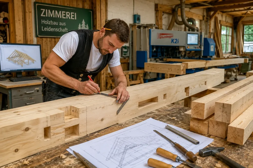 Ein Zimmermann reißt in seiner Holzbau-Werkstatt mit Winkel und Bleistift eine Verbindung an einem großen Leimbinder an und zeigt die typische Arbeit des Zimmermanns.